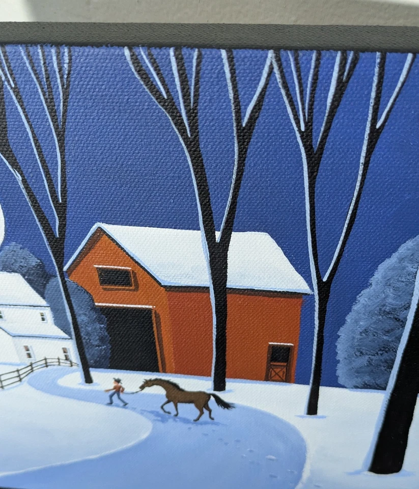 Pintura Arte Popular Original Hombre Líder Caballo País Invierno Paisaje Nieve Granja Foto 4 de 4