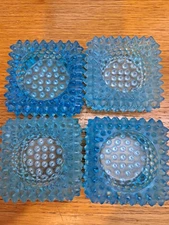 FENTON Aqua Blue 1930's Glass Hobnail Open Salt Light Trinket Holder. Set/4