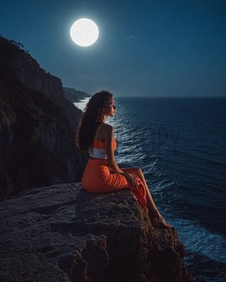 Woman Sitting on Cliff Full Moon Ocean Night Scene Fantasy Art Print