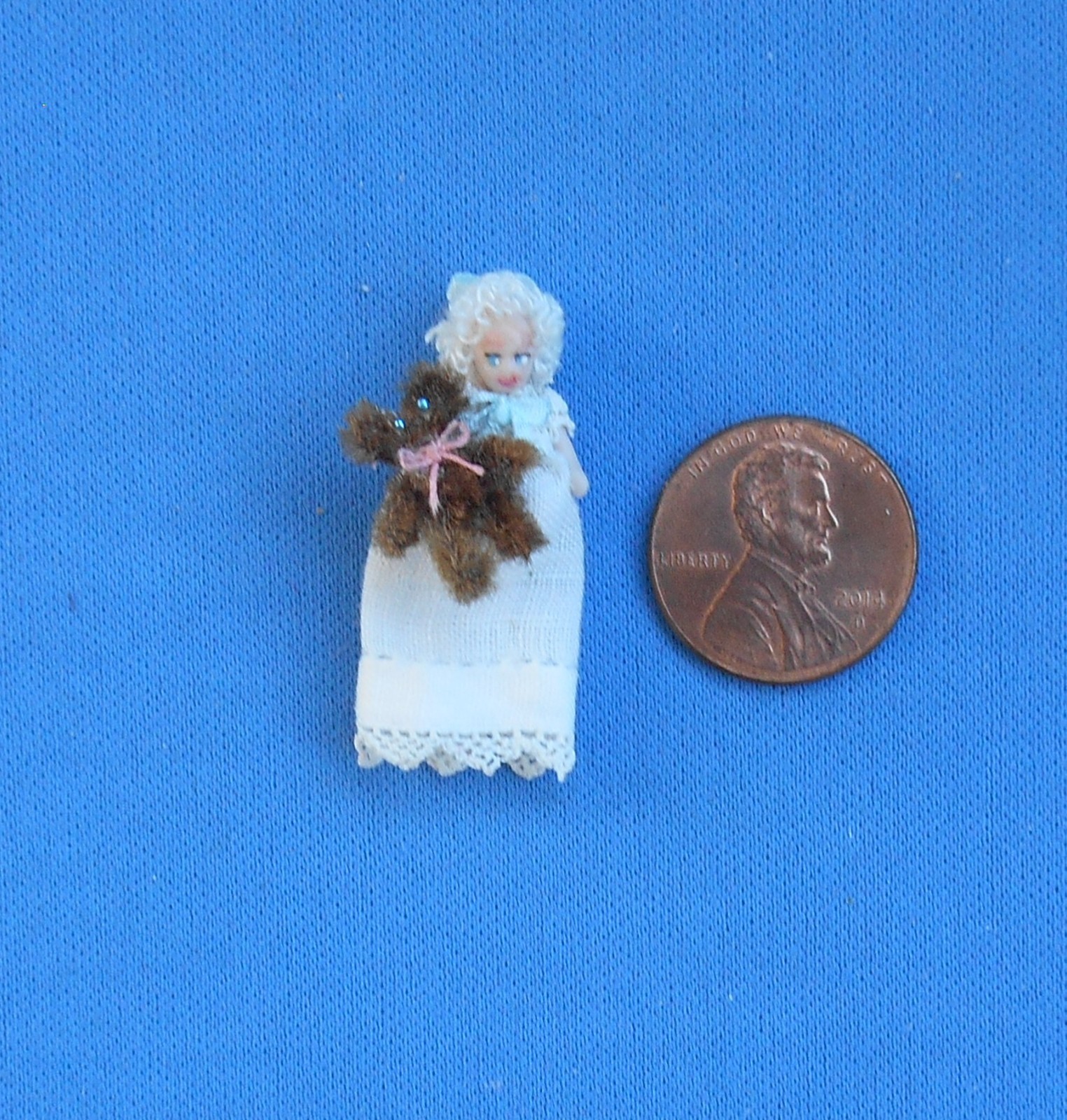 Dollhouse miniature Artisan made Jointed Porcelain Baby doll with Teddy bear