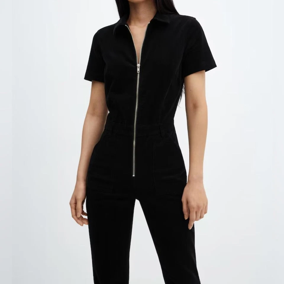 NWT MNG de MANGO | SZ XXS - 0 | Mono delgado con cremallera frontal de pana negra Foto 2 de 4