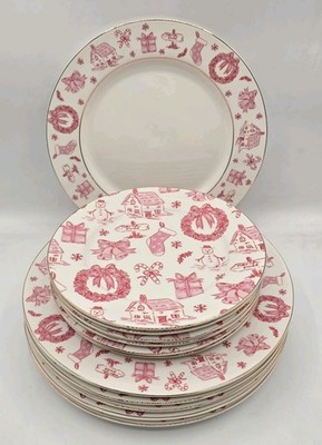 Grace Teaware Christmas Red Pink 6 Dinner 6 Salad Plate Set Toile Wreath Set 12