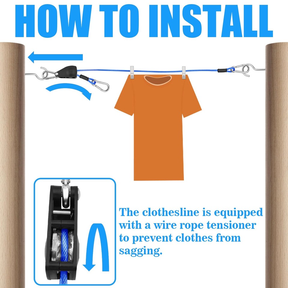 40ft Outdoor Clothes Line with 3/16 Wire Ropes for Efficient Laundry ...