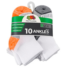 Fruit of the Loom BOYS KIDS Ankle Socks, Size Small 4.5-8.5 Cushioned, 10-Pair