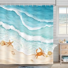Beach Shower Curtain Teal Blue Ocean Waves Coastal Bathroom Decor, 72x72 Inch