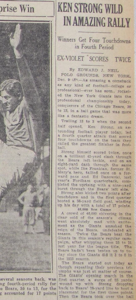 Periódico vintage del campeonato de los New York Giants Beat Chicago Bears 1934 Foto 3 de 4