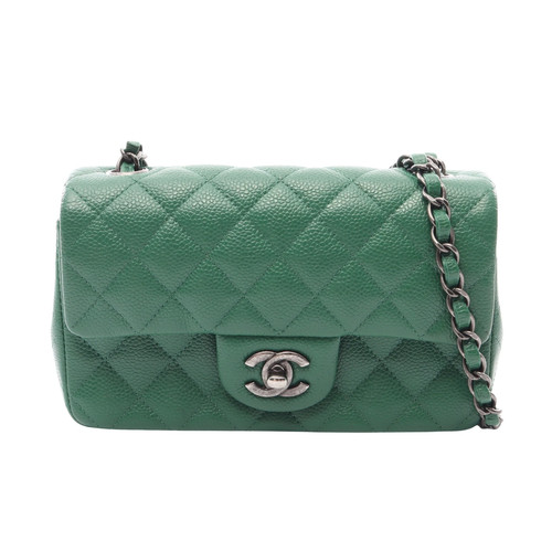 Chanel Matelasse 20 Shoulder Bag Green Leather Quilted Silver Hardware #RCB9494