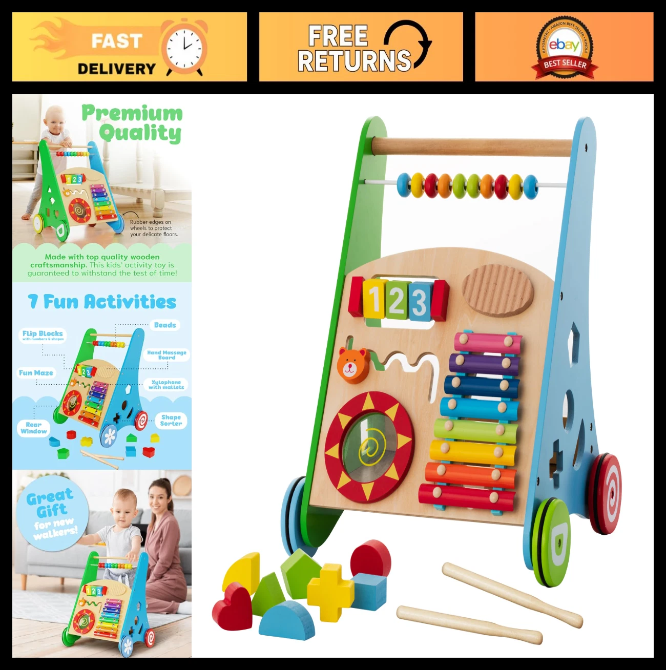 Wooden Baby Walker with Activity Center - Montessori Push Toy for Toddlers, Adju