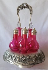 Vintage Clear Cranberry Glass Condiment Cruet Set with Stand