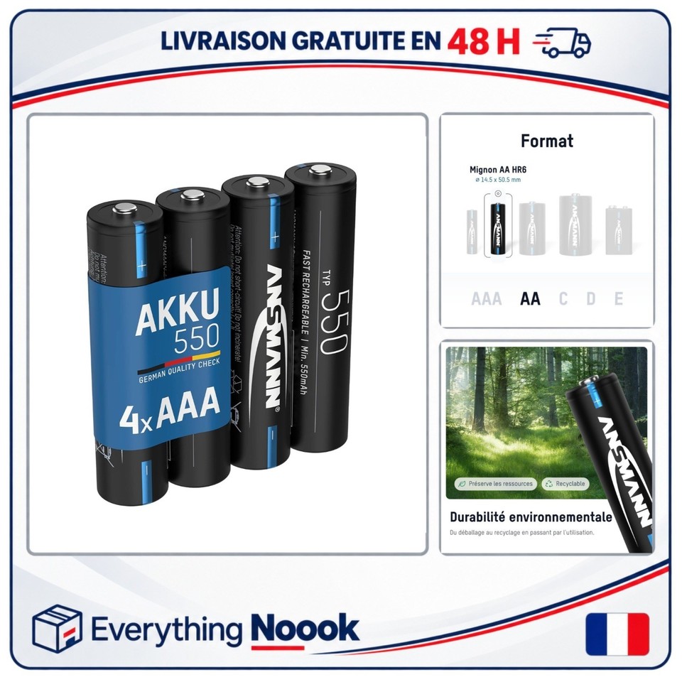ANSMANN Piles rechargeables AAA 550 mAh NiMH 1,2 V lot de 4 faible autodécharge