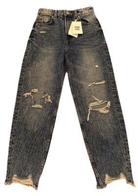 Bershka Mom Jeans Womens Size 2 Medium Wash Distressed Denim 100% Cotton Raw NWT