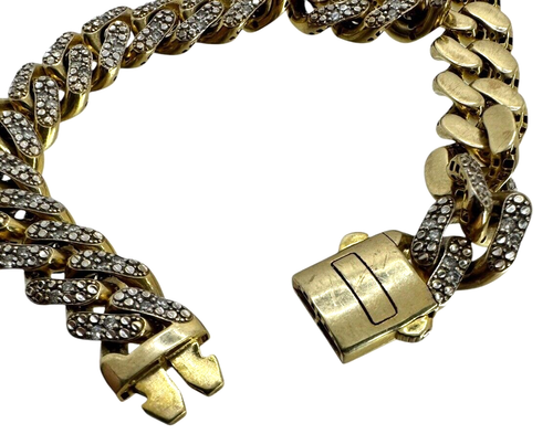 10K Yellow Gold 1/8 ctw Natural Diamond 9mm Curb Chain Bracelet 8 Inch - Picture 4 of 6