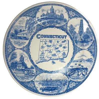 Vintage CONNECTICUT Collectible STATE PLATE - Blue TRANSFERWARE - Hard to Find