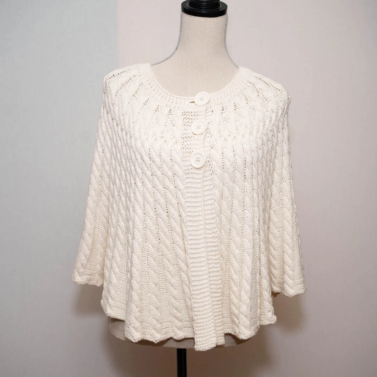 Talbots ivory hand knit poncho shawl cape sweater cardigan button cottage fairy