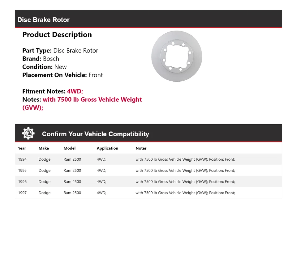 Para Dodge Ram 2500 1994-1997 4x4 Bosch QuietCast disco freno rotor delantero 1995 Foto 2 de 4