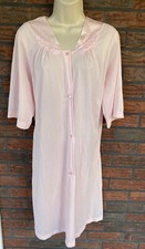 Vintage Pink Robe Large Nylon Button Front Embroidery Detail Duster Pajamas Gown