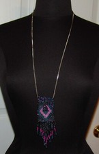 Beaded Change Purse Pendant Necklace Blue Purple Fringe 28" Jewelry Beads