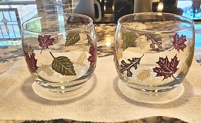 Culver Roly Poly Bar Glasses Leaf Pattern Low Ball Barware Set Of 2 Euc