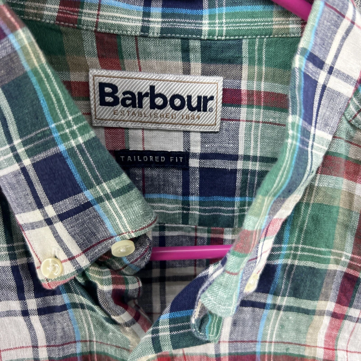 Barbour Linen Shirt L Large Blue Plaid Tailored Fit Long Sleeve Button Down