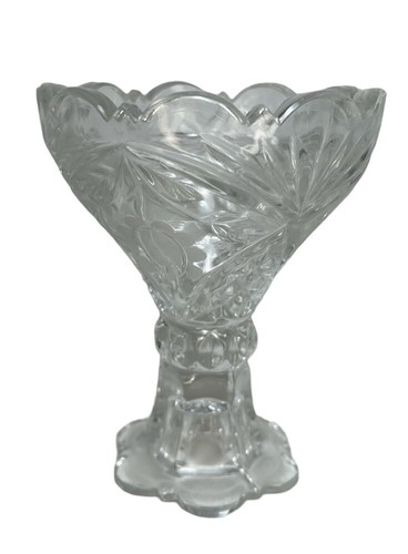 Heavy Lead Crystal Vase Dish Glass Etched Diamond Cut Fluted Clear 5" Tall EUC