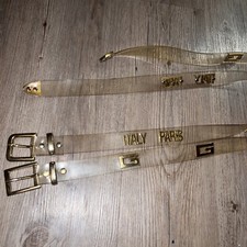 2 Vintage 1980  s clear Jelly Accent Belts Gold Metal Italy Paris Size Fit 29-33  