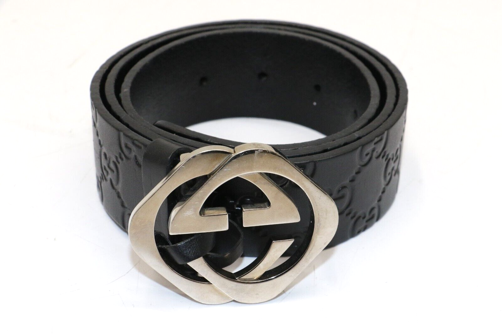 GUCCI GG Monogram Leather Belt for Men Black Silver Size 34-image