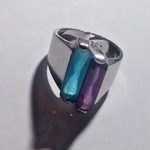 RSC Silver Tone Ring Purple & Blue Glass Size 9 (R-230)