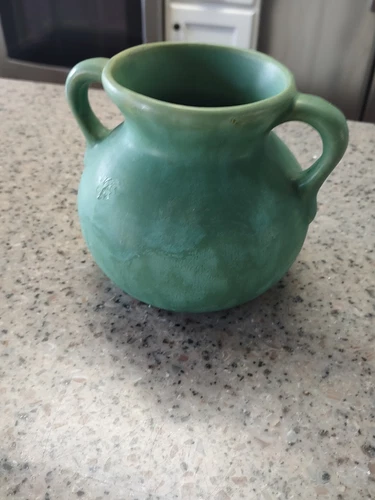 Green Matte Glaze Art and Crafts Pottery Vase Art Deco MCM Double Handle Beauty