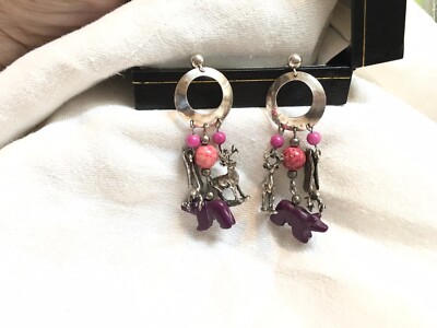 Zuni- Weber Sterllng Eagle,Deer, Combo Charm Gemstone Bear(Sugalite) Earrings