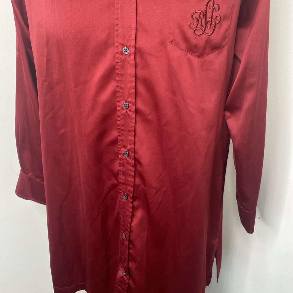 Ralph Lauren Womens Night Gown Shirt Maroon M Pajamas PJ Button Embroided Logo - Image 4 of 4