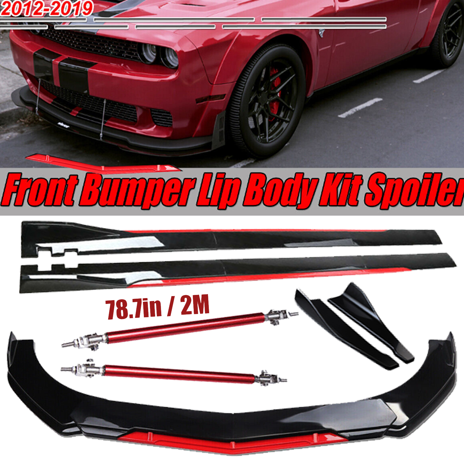 Front Bumper Lip Splitter Spoiler Side Skirts Glossy Black For Dodge Challenger