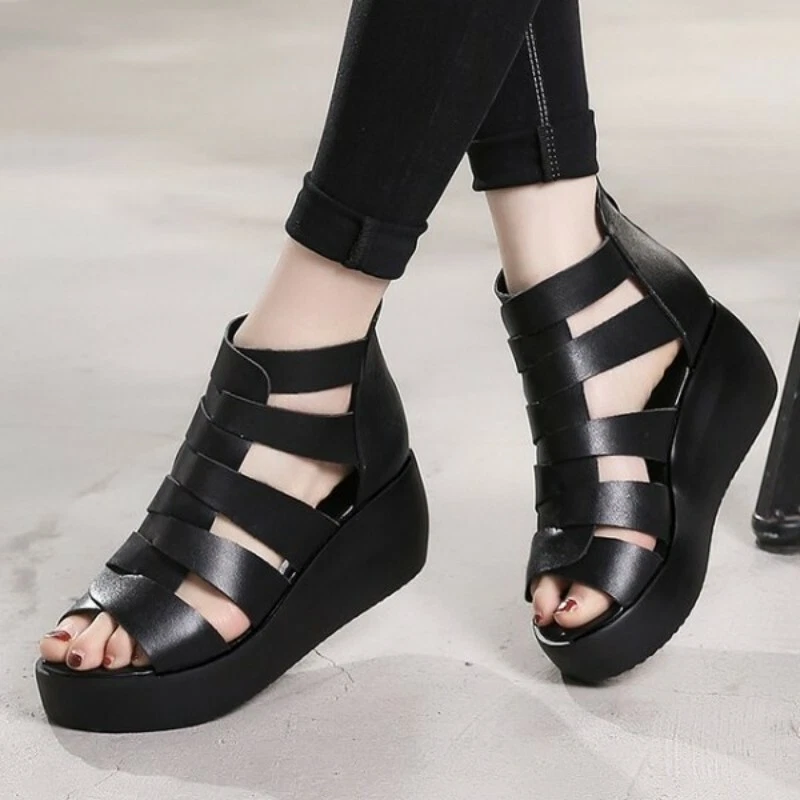 New Women Wedge Gladiator Strappy 6cm Heel Sandals Platform Peep Toe Heel Shoes
