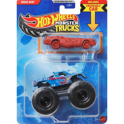 Hot Wheels Monster Trucks- Race Ace Blue With Crushed Sedan Sudden Stop NEW