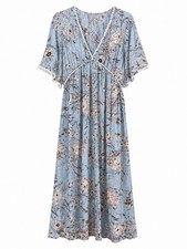 Lovestitch Dusty Blue Floral Boho Lace Trim Maxi Dress NWT Size Larg