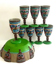 (8) Tiki Goblets Wine Glasses + 11" Matching Tiki Serving Bowl Hard Plastic NICE