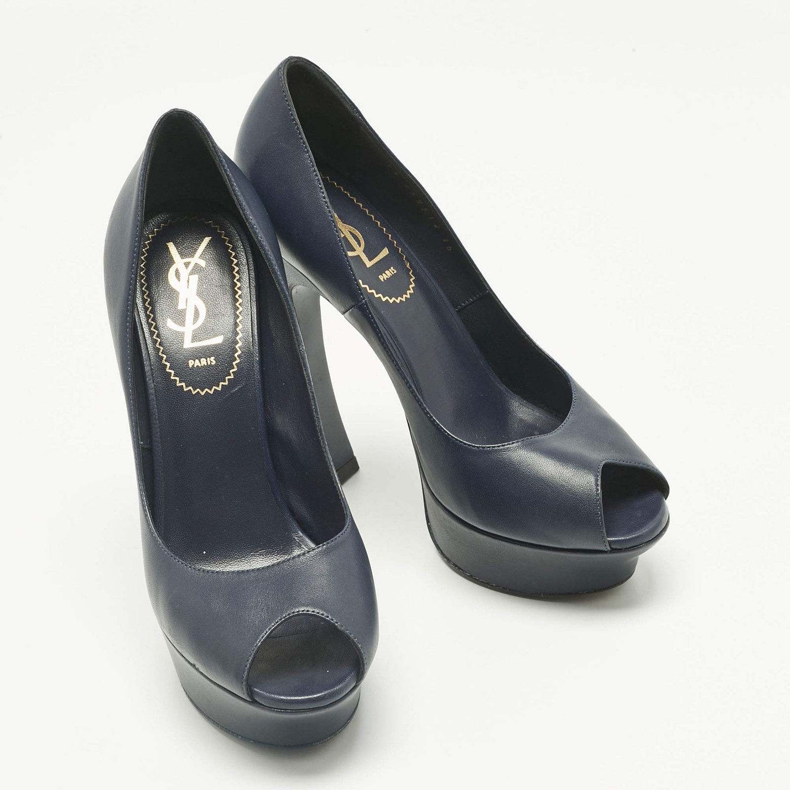 Yves Saint Laurent Navy Blue Leather Platform Peep Toe Pumps Size 36 thumbnail 4