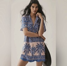 Farm Rio X Anthropologie Scalloped Shirt Dress, Blue Floral, Linen Blend, M