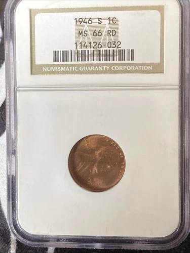 1946 S 1c Lincoln Wheat Cent Coin MS66 RD NGC Gem BU UNC Shell Case Copper Cent