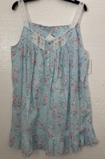 Eileen West Cotton Lawn Sleeveless Nightgown Aqua Pink Floral Slvls L NWT 68