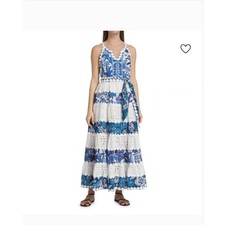 Farm Rio Blue White Eyelet Lace Tiered Maxi Dress Sleeveless Belted 306205 Small