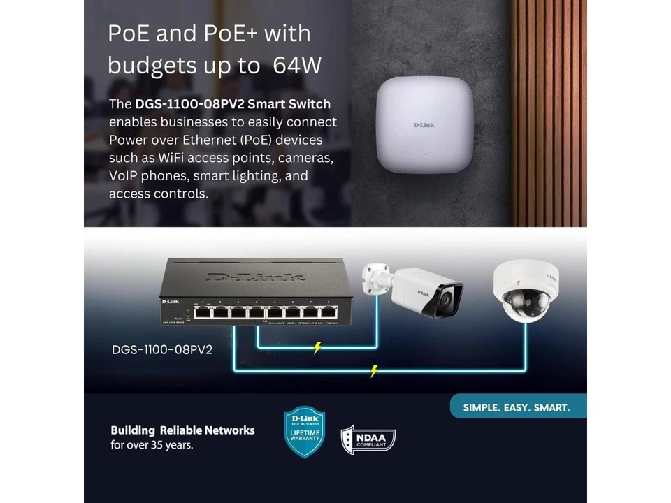 D-Link 8-Port Gigabit Smart Managed PoE+ Switch | 8 PoE+ Ports (64W) | Compact - Image 3 of 4