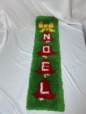 Vintage Noel Christmas Latch Hook Completed Rug Decor Green Red Yellow Bow