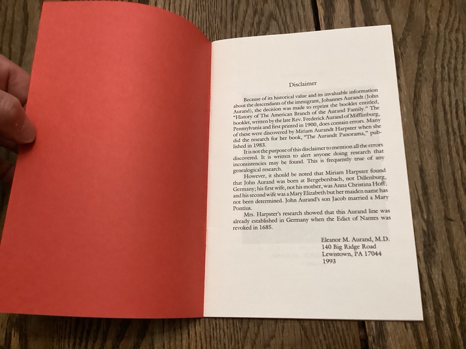 1993 History Aurand Family 1725-1900 Mifflinburg Beaver Springs Area PA