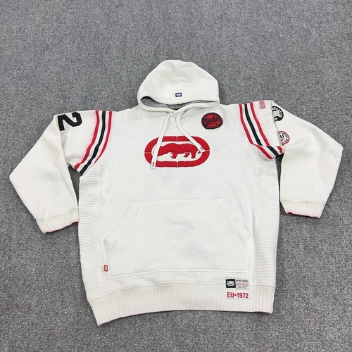 Vintage Ecko Unltd. Hoodie Mens Large White Fleece Pullover Sweatshirt Patches
