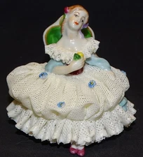 Volkstedt Dresden Lace Porcelain Seated Lady in White with Fruit Germany