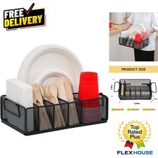 Compact Metal Utensil and Paper Plate Dispenser - 6 Section Organizer for Events