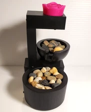 Small Desktop Battery Operated Black Running Water Fountain with Pink Rose