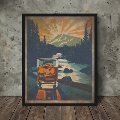 Vintage WHISKEY River Wall Art, Forest Mountain Bourbon Poster, Scotch Sunset