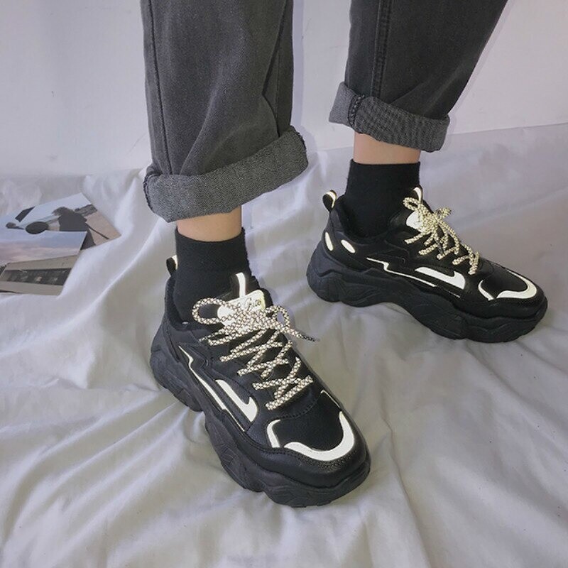 Black Trainers Reflective Lace Shoes Chunky Leather Mesh Streetwear Sneakers 13 Women main image 4