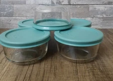 Set of 5 Pyrex Clear Glass 1-Cup Storage Bowl Container 7202 Green Cover Lid EUC